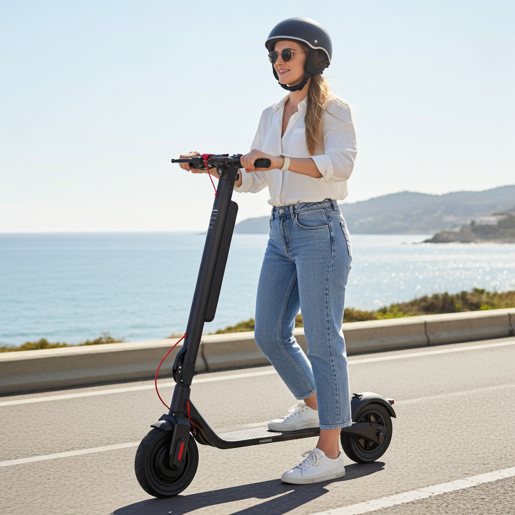 Woman riding an electric scooter on a road with a scenic background