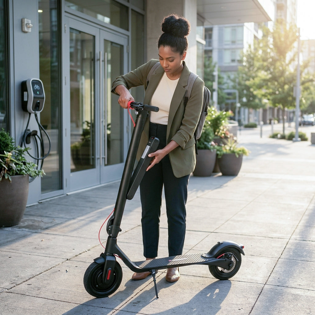 Woman interacting with an electric scooter on a sidewalk